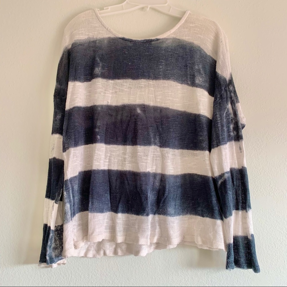 Distressed tie dye navy and white striped sweater